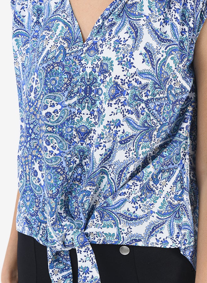 R&B - Printed V-Neck Top With Extended Sleeves And Front Knot Detail Blue - Image 1