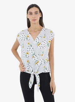 R&B Printed V-Neck Top With Extended Sleeves And Front Knot Detail Ivory  - Image 1