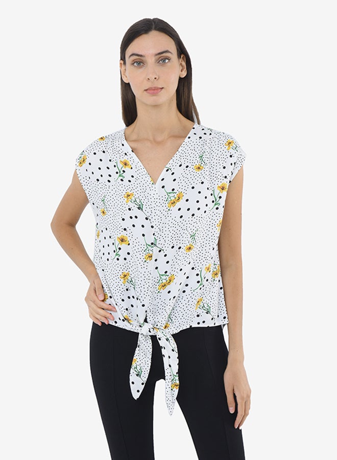 R&B - Printed V-Neck Top With Extended Sleeves And Front Knot Detail Ivory - Image 1
