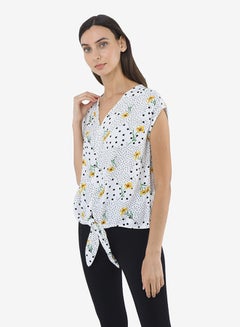 R&B Printed V-Neck Top With Extended Sleeves And Front Knot Detail Ivory  - Image 3