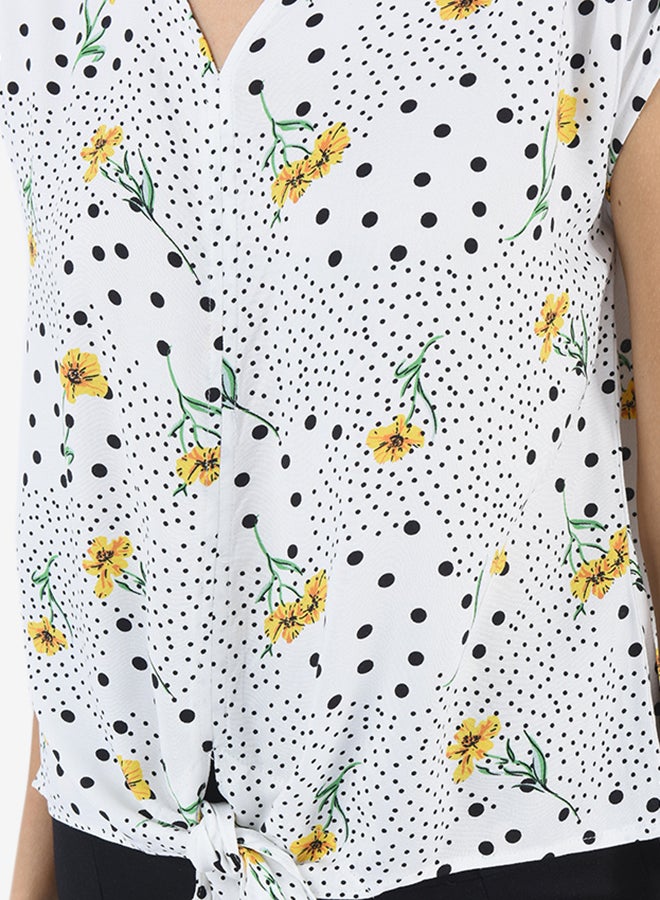 R&B - Printed V-Neck Top With Extended Sleeves And Front Knot Detail Ivory - Image 1