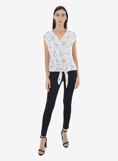 R&B Printed V-Neck Top With Extended Sleeves And Front Knot Detail Ivory  - Image 4