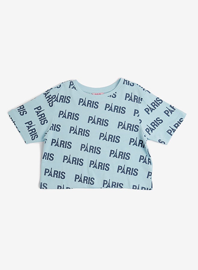 R&B - All Over Printed Crop Top With Short Sleeves Blue - Image 1