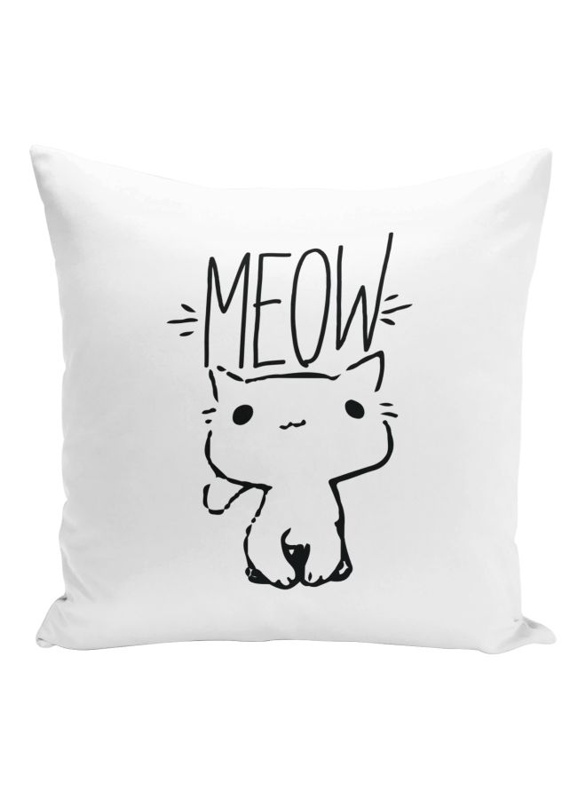 وسادة زينة بنمط طبعة على شكل قطة مع كلمة "Meow" أبيض/ أسود 16x16بوصة - Image 1