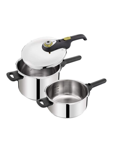 Tefal 3-Piece Stainless Steel Manual Pressure Cooker Set Silver 6L