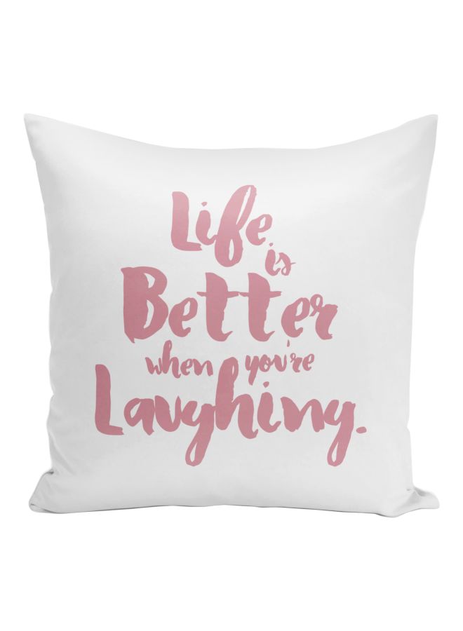 Stay Happy Quote Printed Decorative Pillow White/Pink 16x16inch  - Image 1