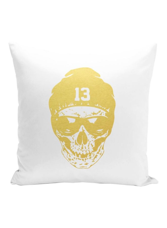 Skull Beanie Hat Printed Decorative Pillow White/Gold 16x16inch - Image 1