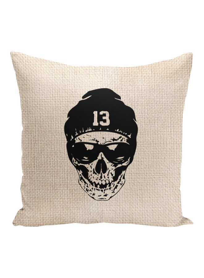 Skull Beany Hat Printed Decorative Pillow Beige/Black 16x16inch - Image 1