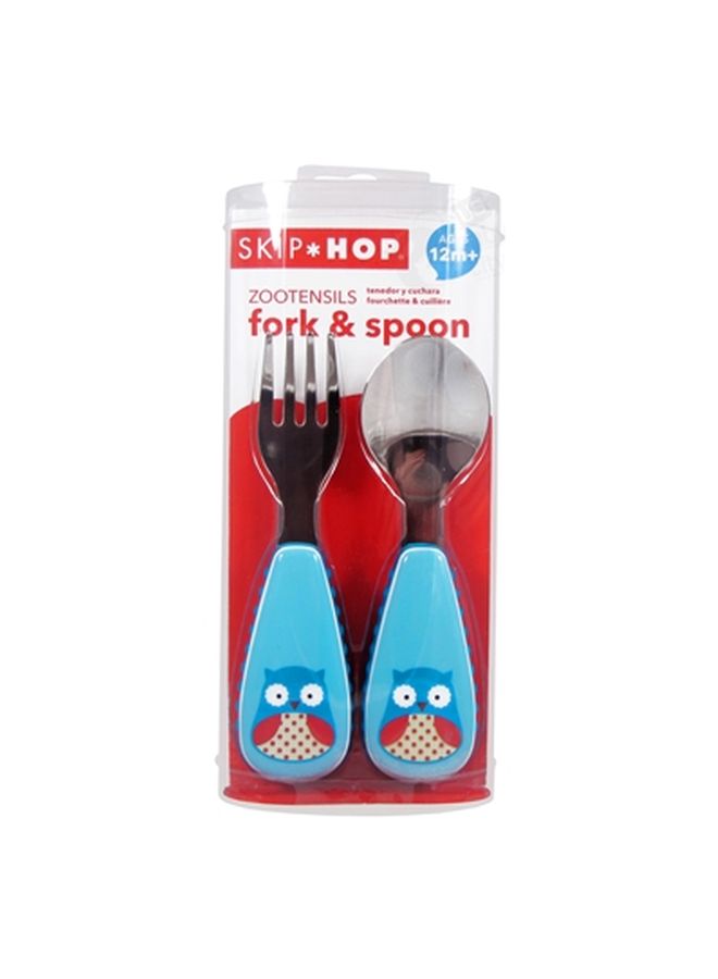Owl Printed Zootensils Fork And Spoon Set - Silver/Blue