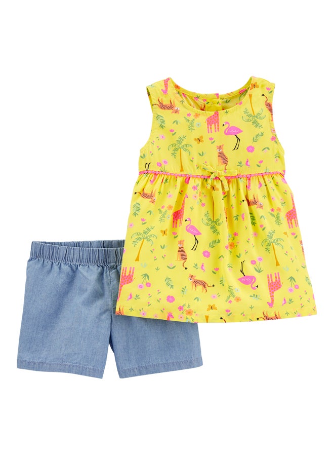 2-Piece Infant Girls Jungle Poplin Top & Chambray Shorts Set Yellow/Blue - v1593693956/N38708394V_1