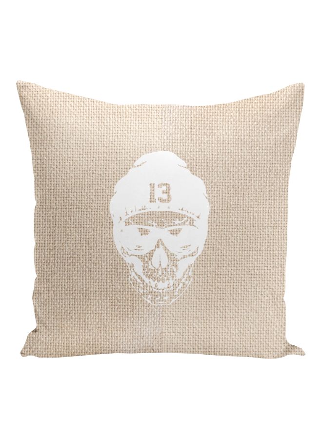 Skull Beany Printed Decorative Pillow Beige/Pearl White 16x16inch - Image 1