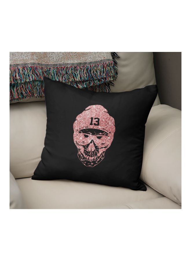 Skull Beany Hat Printed Decorative Pillow Black/Pink 16x16inch - Image 2
