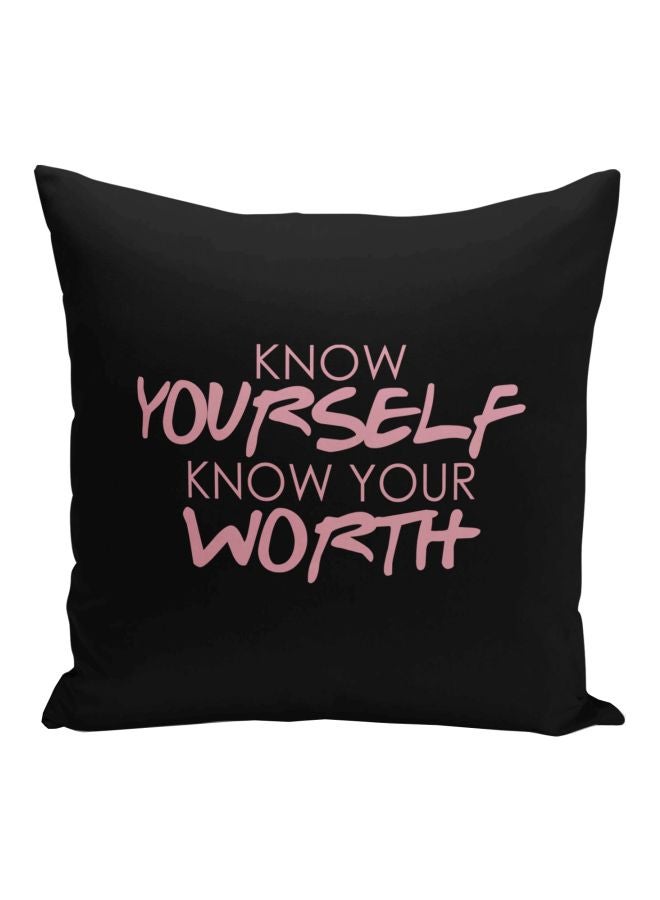 "وسادة زينة مطبوع عليها عبارة "Know Yourself Know Your Worth" أسود/وردي 16x16بوصة - Image 1