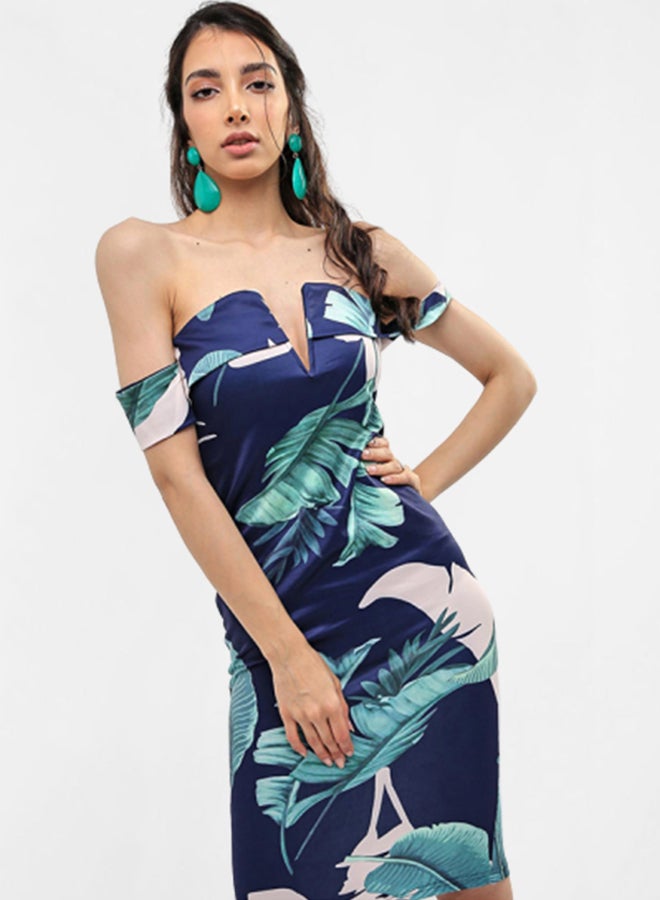 Diva London - Leaf Print Bodycon Dress Navy - Image 1