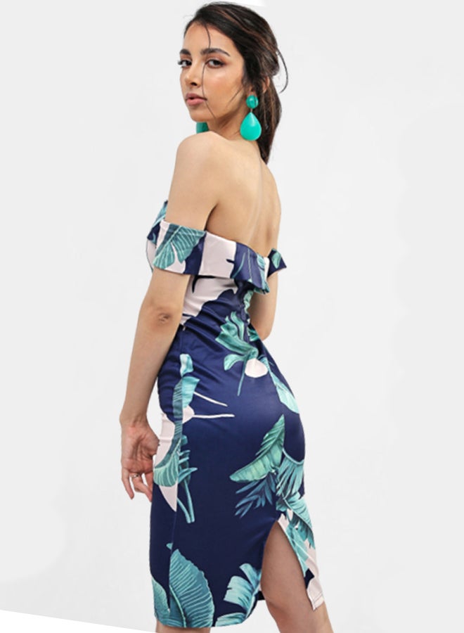Diva London - Leaf Print Bodycon Dress Navy - Image 1
