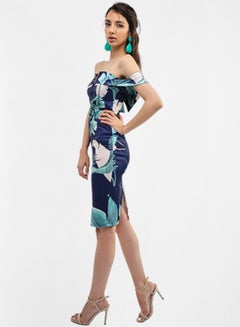 Leaf Print Bodycon Dress Navy