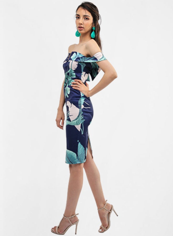 Diva London - Leaf Print Bodycon Dress Navy - Image 1