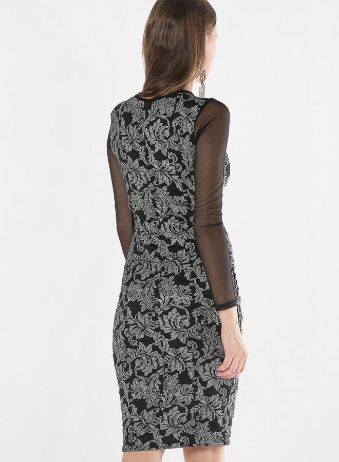 Diva London - Floral Pattern Long Sleeve Dress Black - Image 1