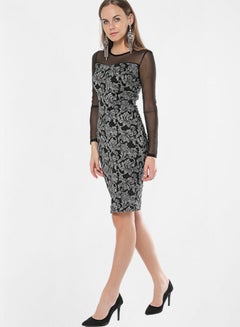 Floral Pattern Long Sleeve Dress Black