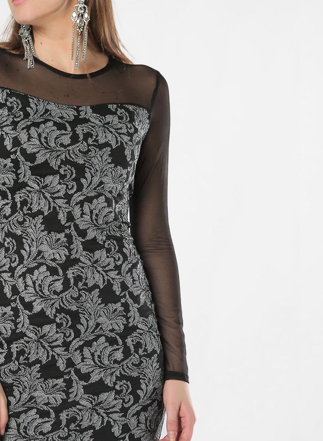 Diva London - Floral Pattern Long Sleeve Dress Black - Image 1