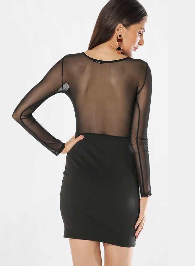 Diva London - Net Sleeve & Back Panel Dress Black - Image 1