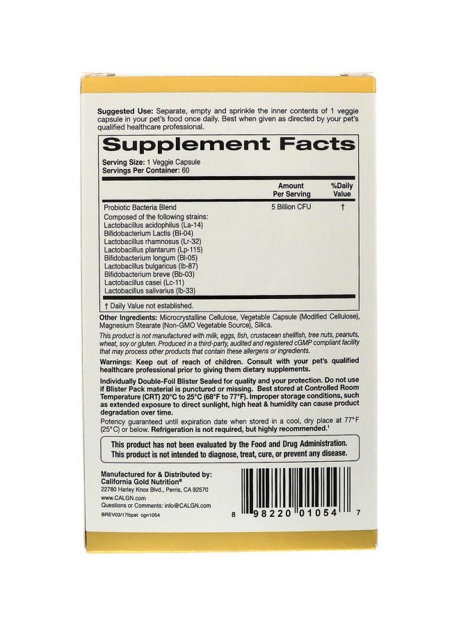كاليفورنيا غولد نيوترشن بروبايوتك لاكتوبيف للحيوانات الأليفة - 60 كبسولة - Image 2
