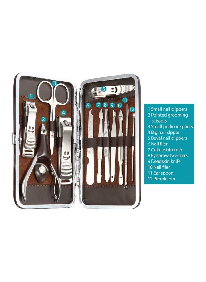 12-Piece Pedicure And Manicure Tool Kit Silver/Brown 12cm - Image 5