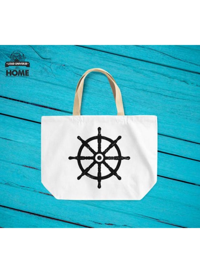 LOUD UNIVERSE - Pirates Ship Wheel Nautical Beach Tote Bag White/Beige - Image 1