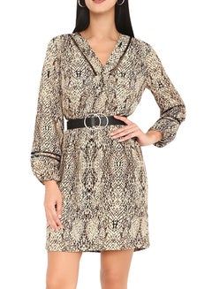 Stock Patterned V-Neck Midi Dress Brown  - Image 1