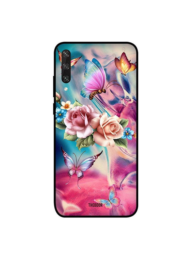 غطاء حماية واق لهاتف هواوي Y6p بطبعة فراشة وزهور وردية