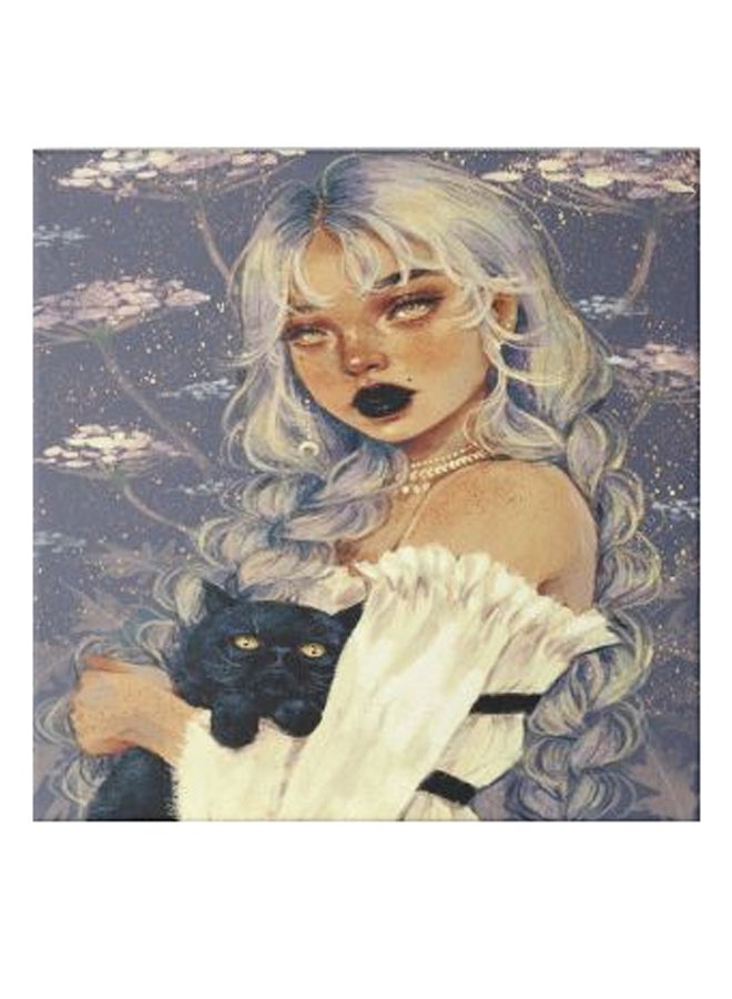 A Girl And Cat Animation Hidden Frame Canvas Wall Painting Blue/White/Beige 50 x 50cm - Image 1