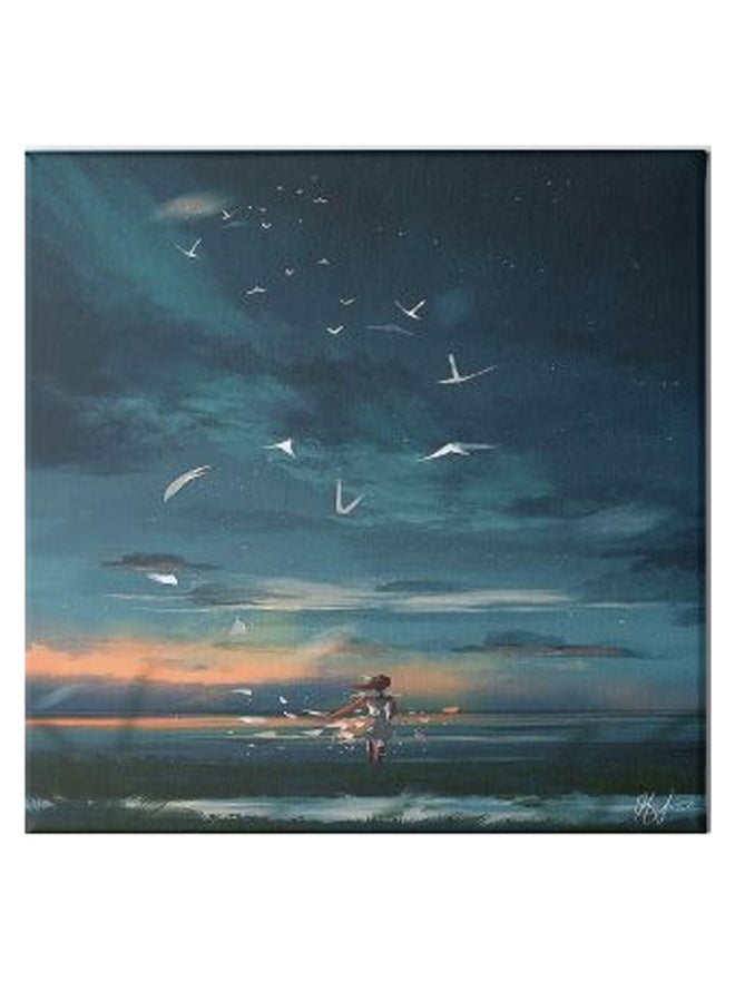 Girl Animation Hidden Frame Canvas Wall Painting Blue/Gold/White 50 x 50cm