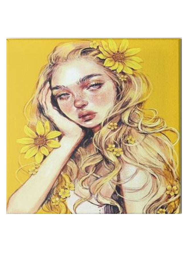 لوحة فنية من قماش الكانفاس بإطار مخفي تحمل صورة رسوم متحركة لفتاة أصفر/ بيج/ وردي 50 x 50سم - Image 1