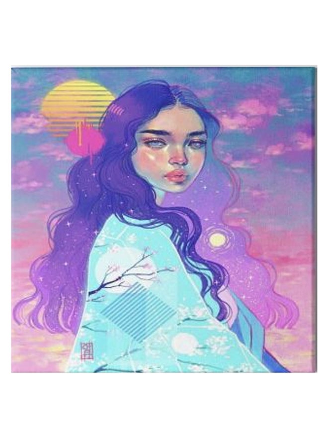 لوحة فنية من قماش الكانفاس بإطار مخفي تحمل صورة رسوم متحركة لفتاة أزرق/وردي/أصفر 50 x 50سم - Image 1