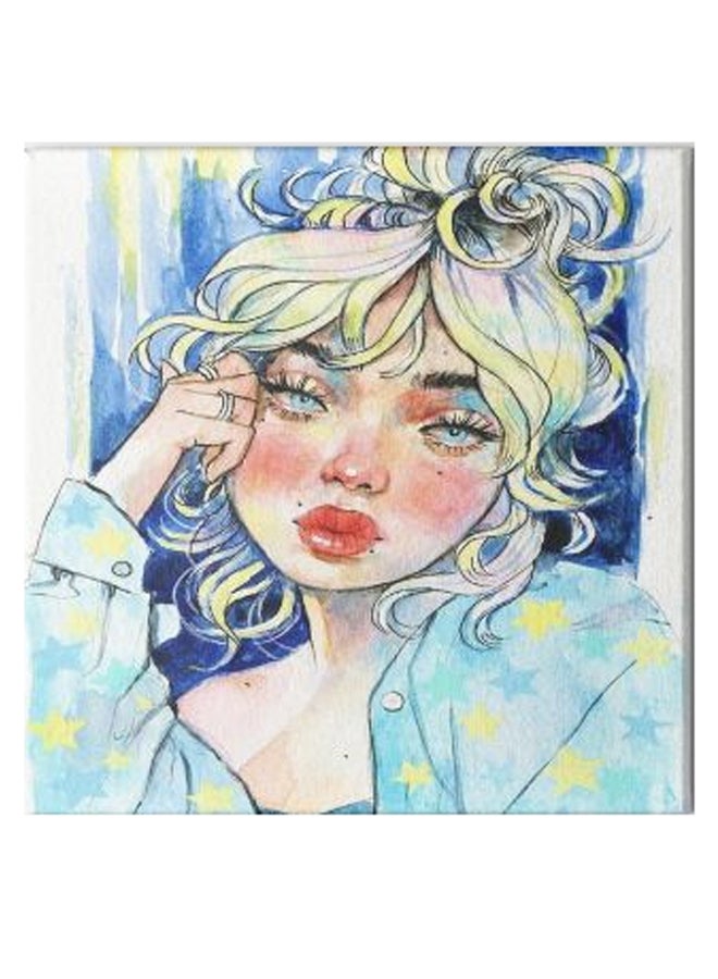 Girl Animation Hidden Frame Canvas Wall Painting Blue/Pink/Yellow 50 x 50cm - Image 1