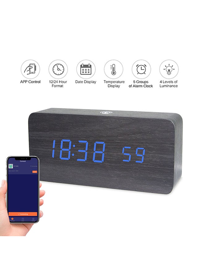 LED Wooden Alarm Clock With App Control Black/Blue 17x5.5x9.2cm  - Image 4