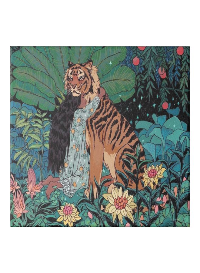 Girl Embraces A Tiger Themed Canvas Painting With Frame Blue/Brown/Green 50x50cm - Image 1