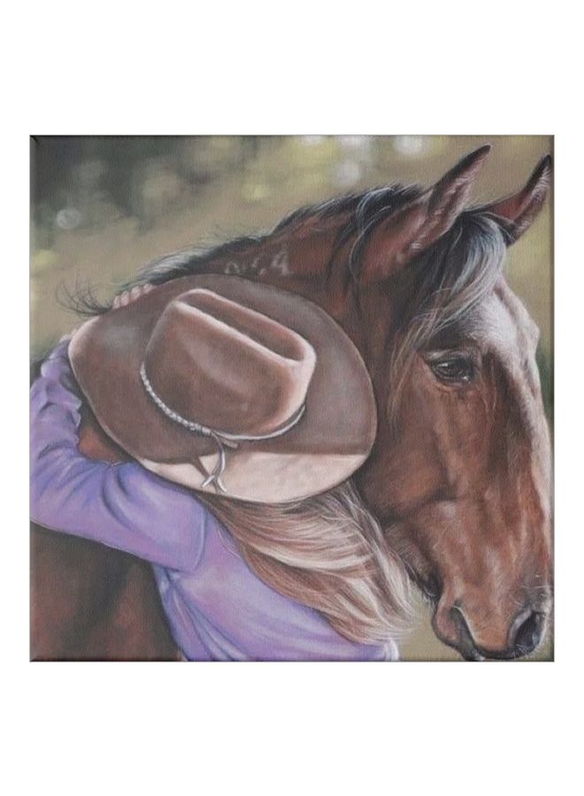 لوحة فنية من قماش الكانفاس مزودة بإطار، برسمة فتاة تحتضن حصان بني/أرجواني/رمادي 50x50سم - Image 1