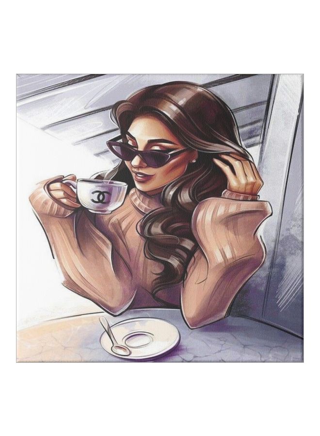 Girl Drinking Coffee Themed Canvas Painting With Frame Brown/Grey/White 50x50cm  - Image 1
