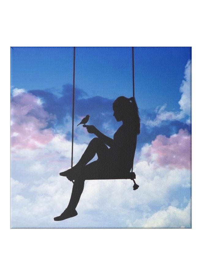 A Girl On Swing Themed Canvas Painting With Frame Black/Blue/White 50x50cm - Image 1
