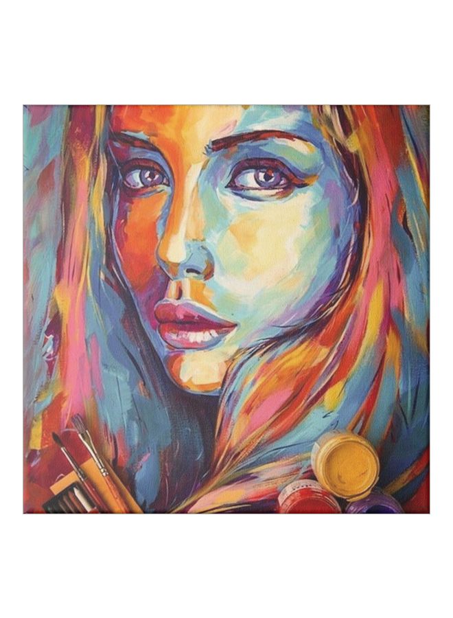 Colourful Girl Themed Canvas Painting With Frame Blue/Brown/Red 50x50cm - Image 1