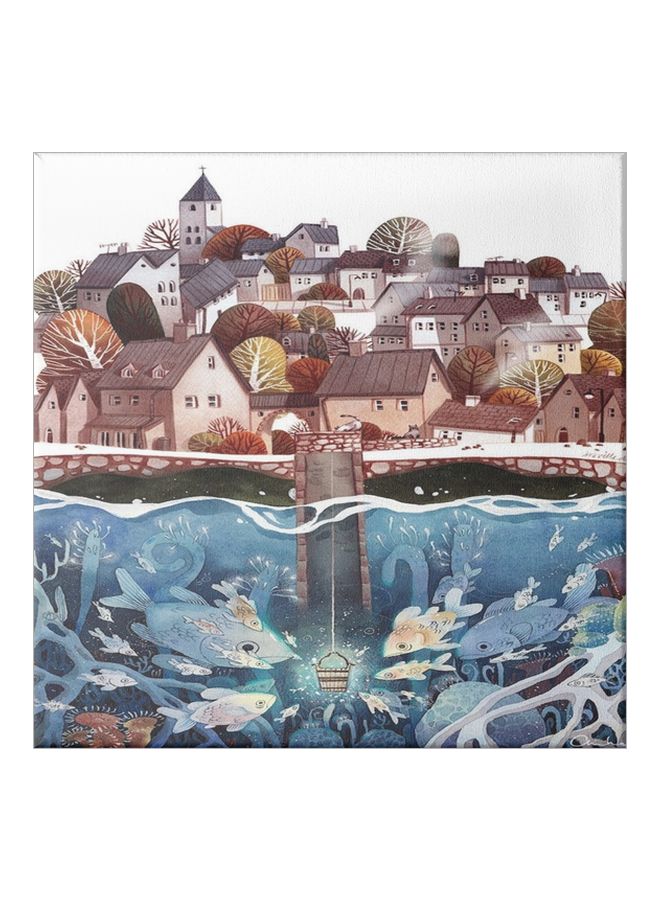 City And Sea Themed Canvas Painting With Frame Blue/Brown/Beige 50x50cm  - Image 1