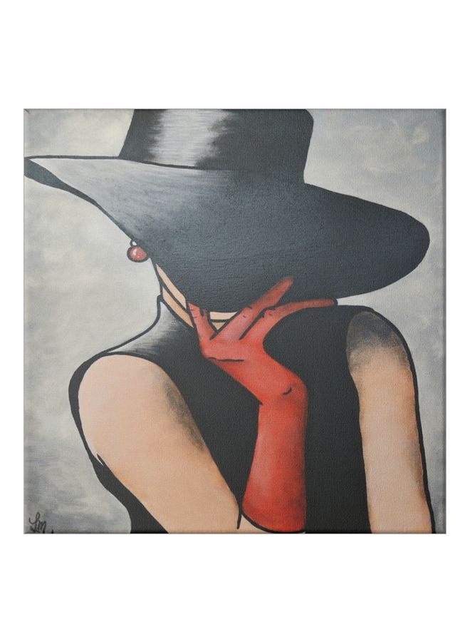 Girl With A Hat Themed Wall Painting With Frame Grey/Beige/Black 50x50cm - Image 1