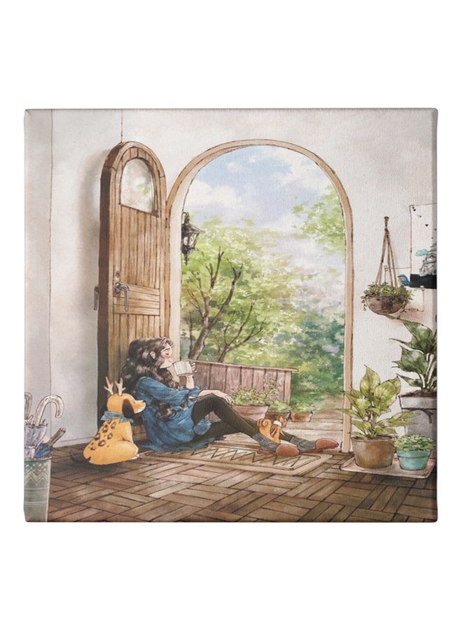 Animation Girl Framed Canvas Wall Painting White/Brown/Blue 50x50cm - Image 1