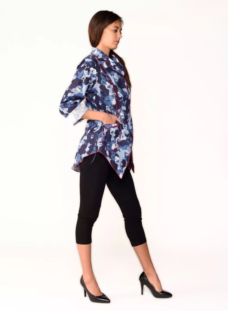 Sana'a Kayum Asymmetrical Linen Jacket Blue  - Image 2