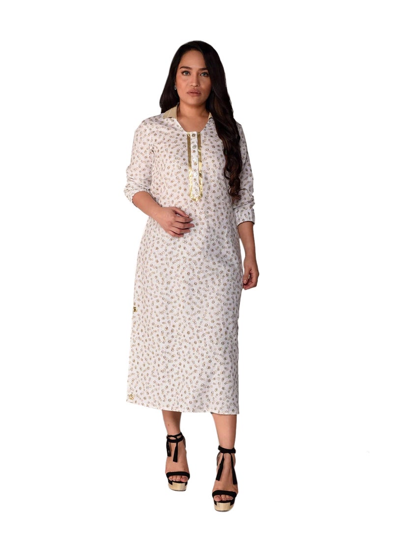 Sana'a Kayum Contemporary Linen Kurta White/Mustard  - Image 1