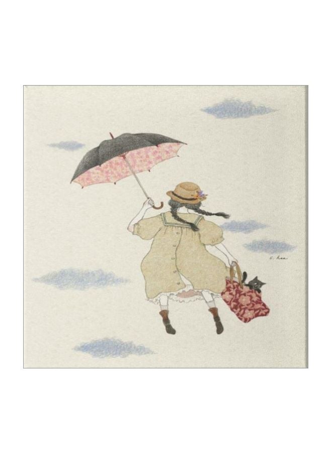 Girl Flying With Her Umbrella Themed Canvas Framed Painting Beige/Grey/Black 50x50cm  - Image 1