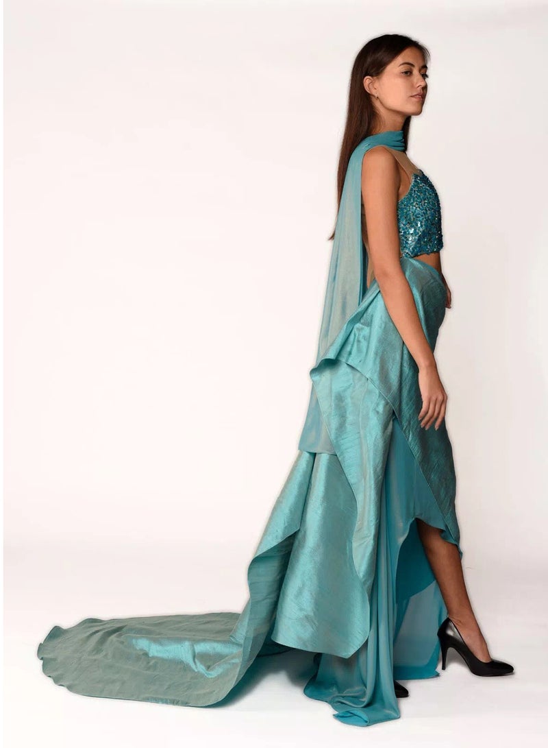 Contemporary Linen Party Dress Turquoise