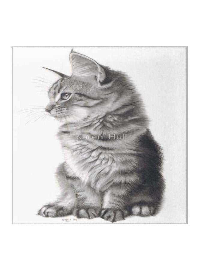 Cat Themed Canvas Painting With Frame White/Grey 50x50cm - Image 1