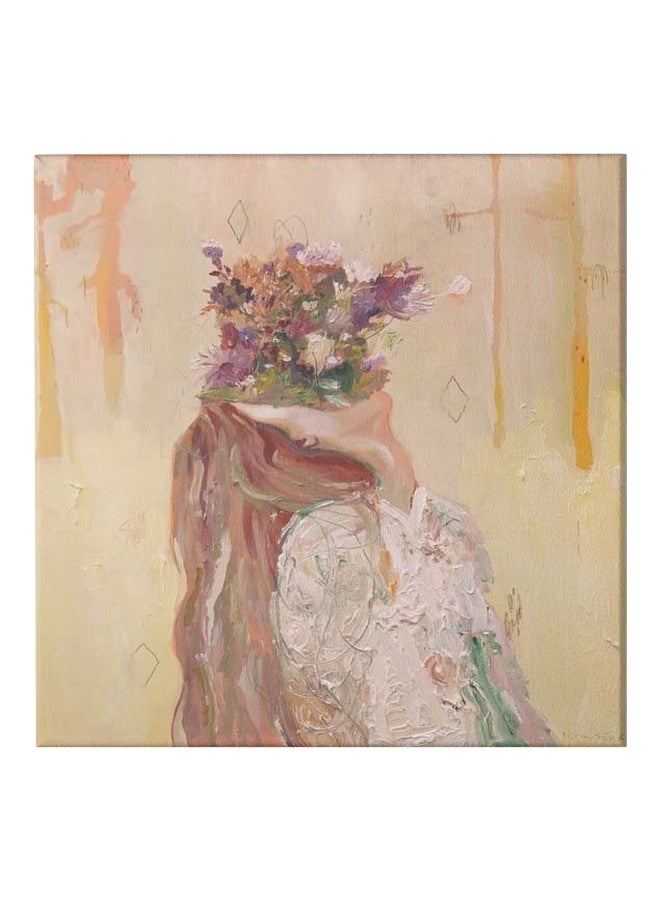 لوحة فنية من قماش الكانفاس بإطار، برسمة فتاة أصفر/ بني/أبيض 50x50سم - Image 1